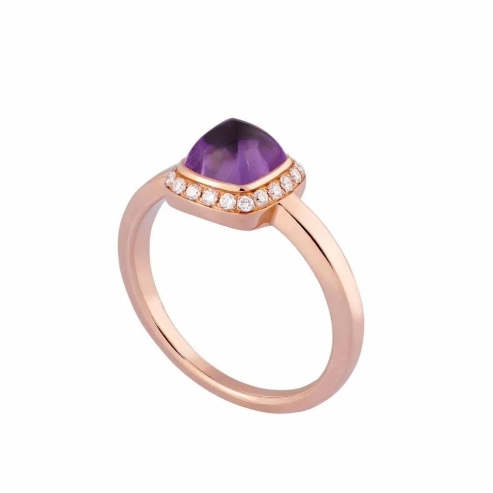 Authentic FRED Pain de Sucre Amethyst and Diamonds Ring 18K Yellow Gold Size 57
